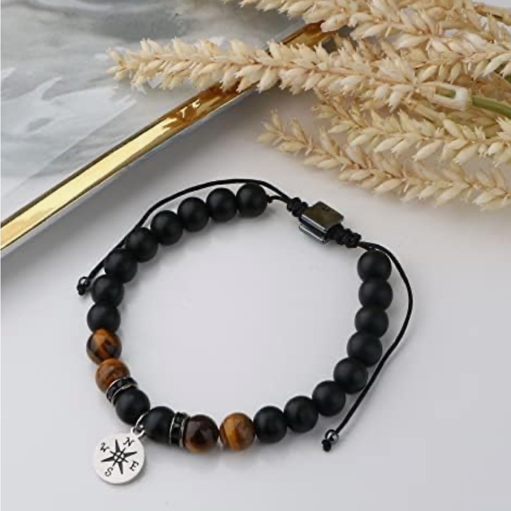 Matte Black Onyx & Tiger’s Eye Beaded Bracelet with Compass Charm